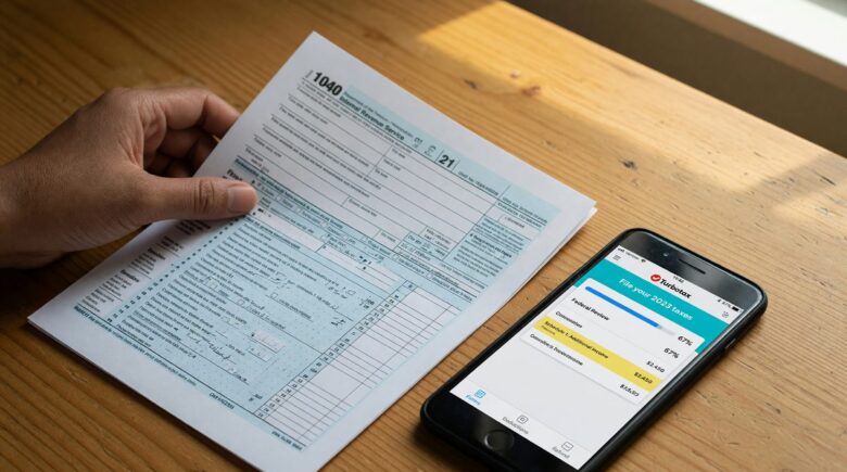 Side-by-side comparison of a CPA meeting and tax software interface on a laptop screen