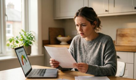 Person reviewing their credit score report on a laptop with a credit card on the desk beside them