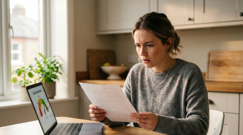 Person reviewing their credit score report on a laptop with a credit card on the desk beside them