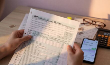Laptop showing cryptocurrency portfolio next to tax forms and calculator