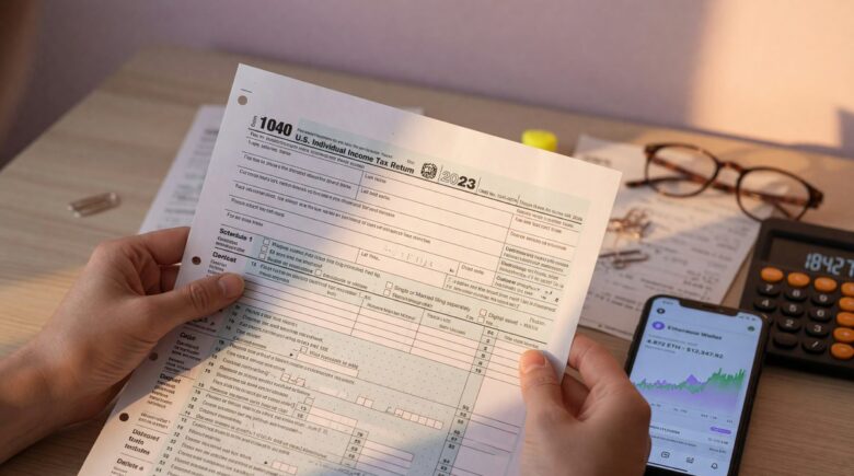 Laptop showing cryptocurrency portfolio next to tax forms and calculator