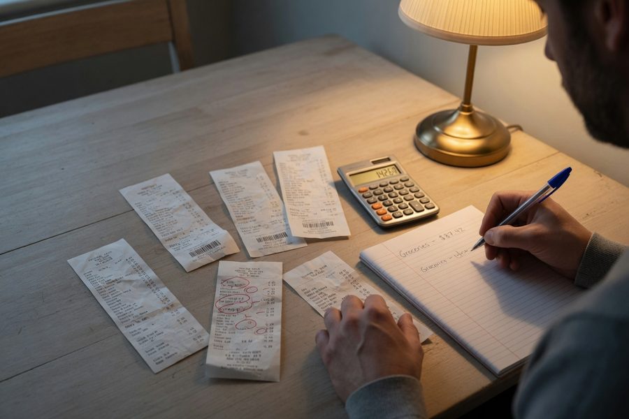 Grocery receipt review spread across three months of spending data by category