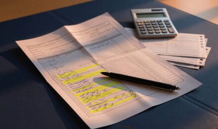Calculator and financial documents showing debt-to-income ratio calculation for mortgage approval