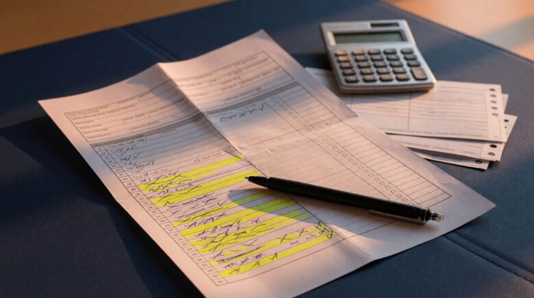 Calculator and financial documents showing debt-to-income ratio calculation for mortgage approval