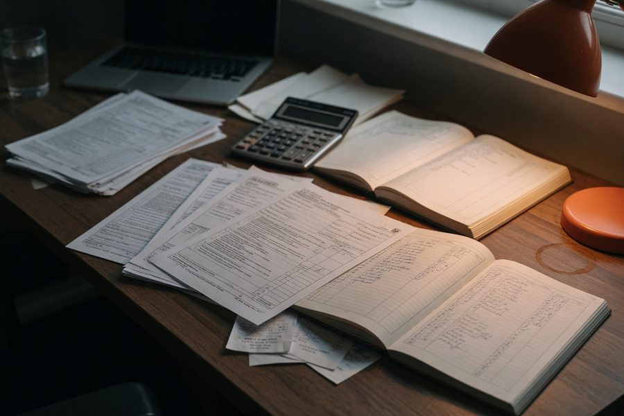 Self-employed borrower reviewing tax returns and bank statements for mortgage application