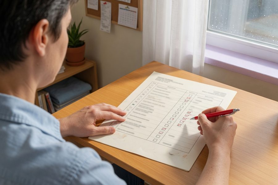 Borrower calculating debt-to-income ratio with bills and mortgage documents spread out