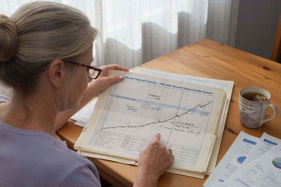 Chart showing cumulative Social Security lifetime benefits comparing ages 67 and 70 claim dates through age 90