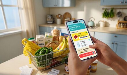 Smartphone showing digital coupon app with savings offers displayed on screen