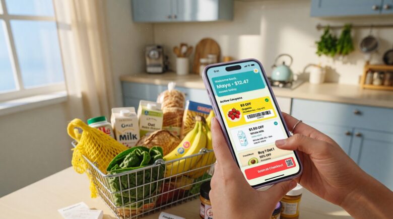 Smartphone showing digital coupon app with savings offers displayed on screen