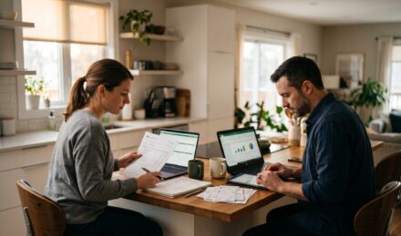 Couple reviewing bank statements and payroll documents together at a kitchen table