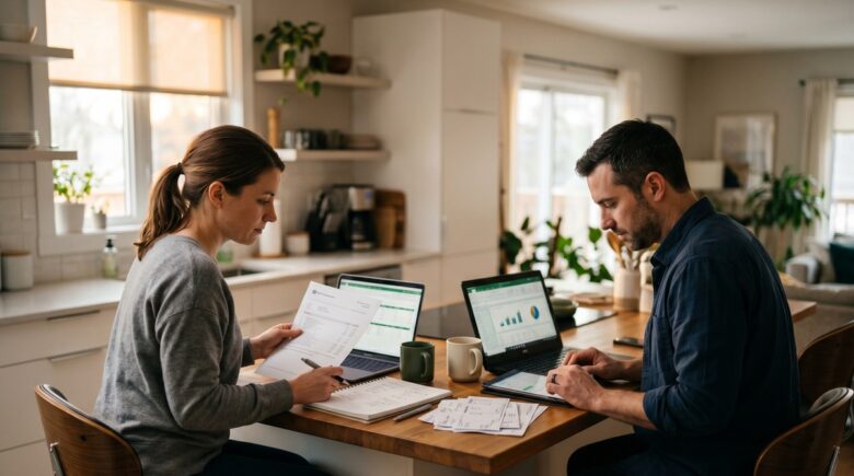 Couple reviewing bank statements and payroll documents together at a kitchen table