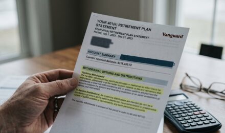 Calculator and documents showing 401k withdrawal costs and penalties