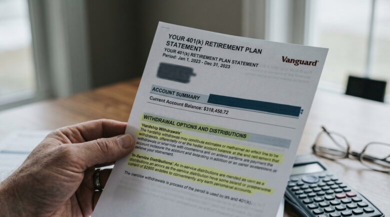 Calculator and documents showing 401k withdrawal costs and penalties