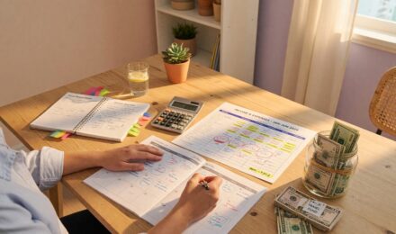 Calculator and notepad showing emergency fund savings breakdown for $45,000 annual salary