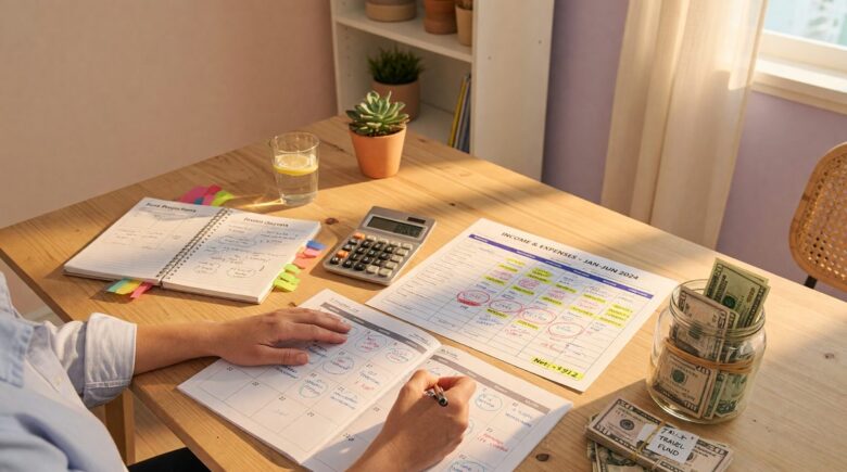 Calculator and notepad showing emergency fund savings breakdown for $45,000 annual salary