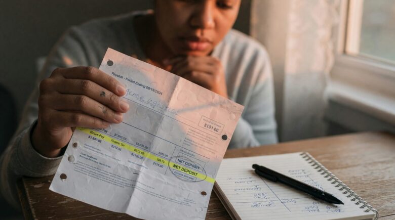 Person reviewing budget and savings plan at desk with calculator and notepad