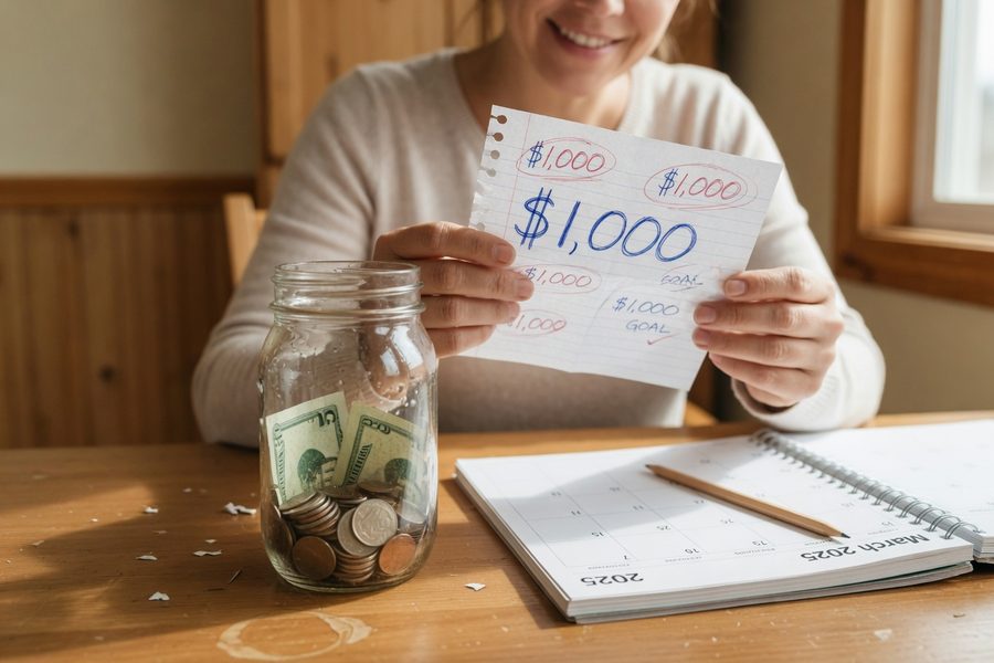 Simple chart showing emergency fund growth over time at $10, $25, and $50 per paycheck