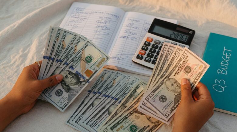 Person reviewing budget notes and savings plan at desk