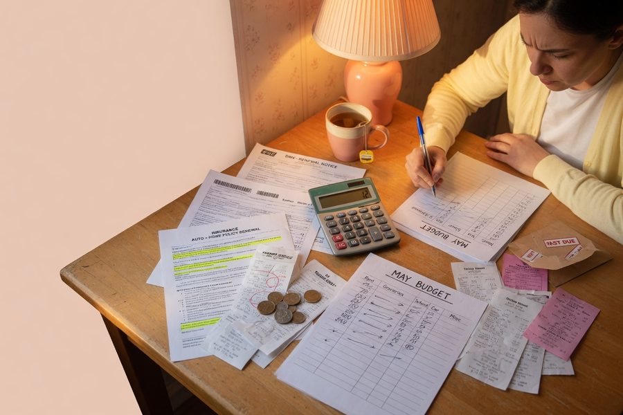 Person reviewing bank statements and creating a bare-bones monthly expense list on paper