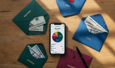 Smartphone showing digital envelope budgeting app with spending categories and allocation interface
