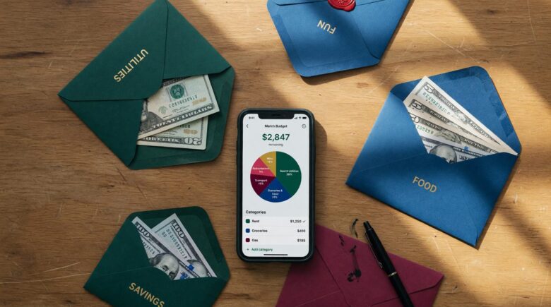Smartphone showing digital envelope budgeting app with spending categories and allocation interface