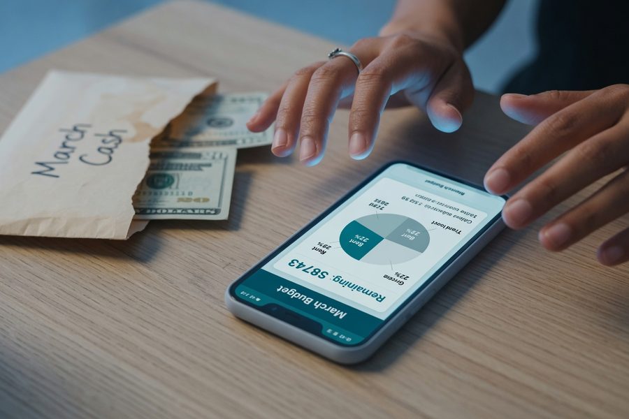 Side-by-side comparison of physical cash envelopes versus a digital budgeting app interface