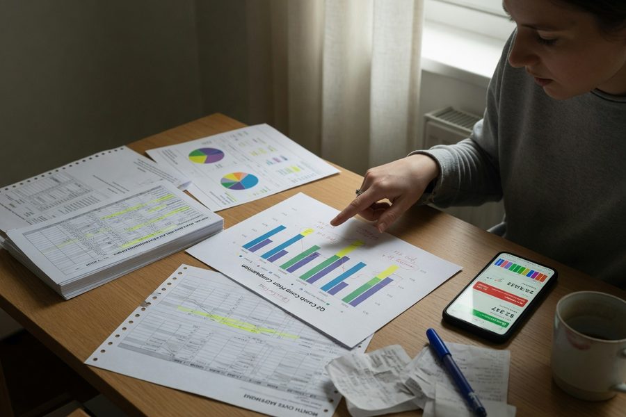Person reviewing budget on laptop with savings goal progress chart visible on screen