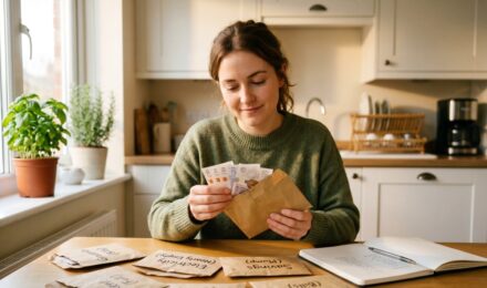Labeled cash envelopes for groceries, gas, and dining out spread on a wooden table beside a monthly budget worksheet