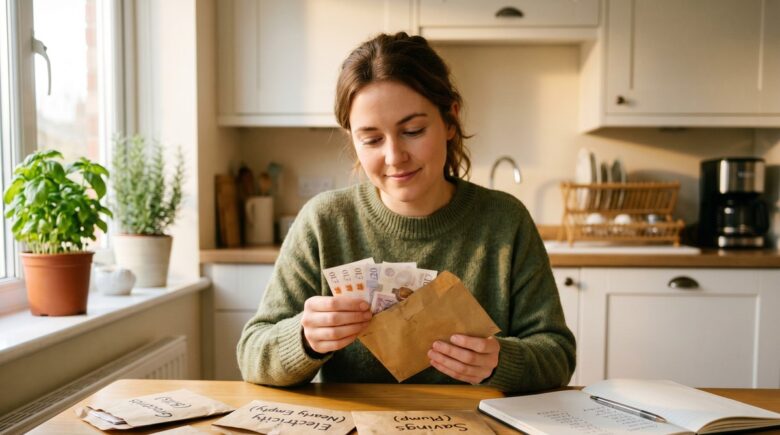 Labeled cash envelopes for groceries, gas, and dining out spread on a wooden table beside a monthly budget worksheet