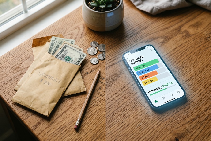 Hands sorting cash into labeled envelopes across a wooden table, budgeting setup