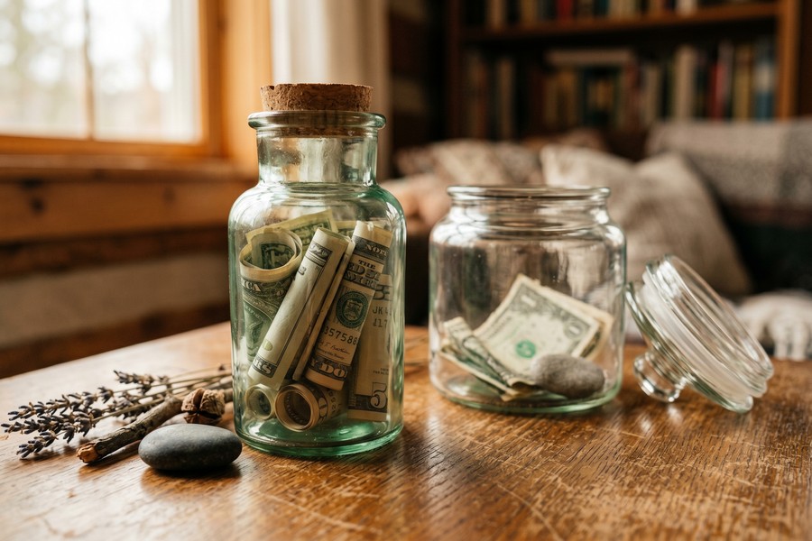 Simple monthly budget worksheet on a desk with labeled cash envelopes and a pen