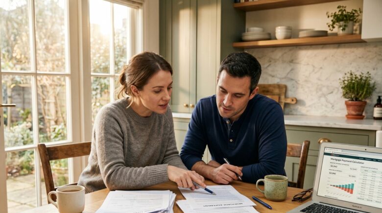 Side-by-side comparison chart of FHA loan and conventional loan terms on a desk with a calculator and home purchase documents