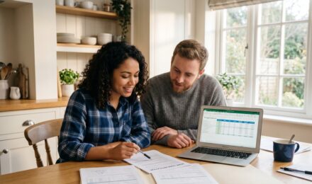 Side-by-side comparison of FHA and conventional loan documents on a desk with a calculator and home purchase paperwork