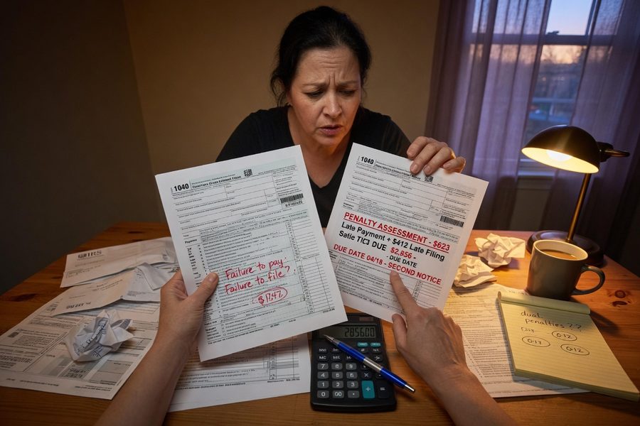 IRS penalty calculation chart showing 5% monthly failure-to-file rate climbing to 25% cap