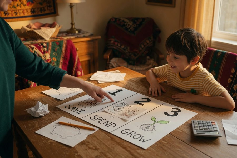 A family reviewing investment account statements together at home, intergenerational financial discussion