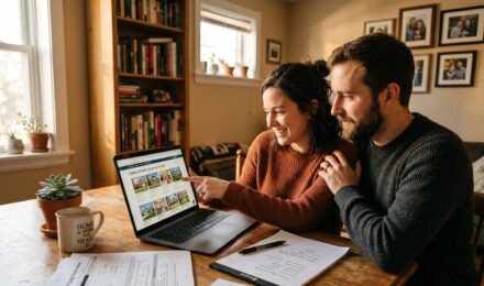 A first-time homebuyer reviewing mortgage program documents at a kitchen table with a laptop and house keys nearby