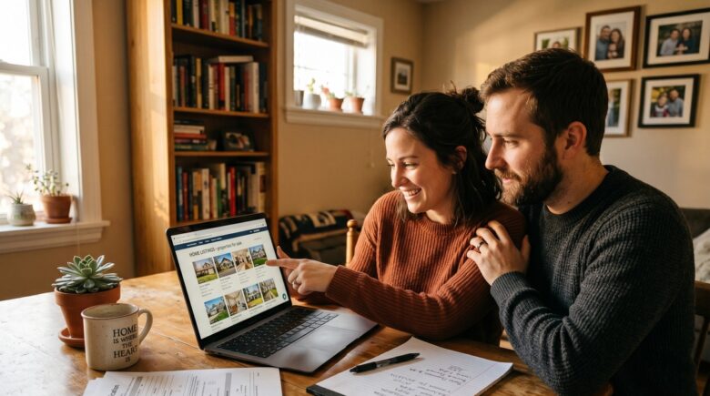 A first-time homebuyer reviewing mortgage program documents at a kitchen table with a laptop and house keys nearby