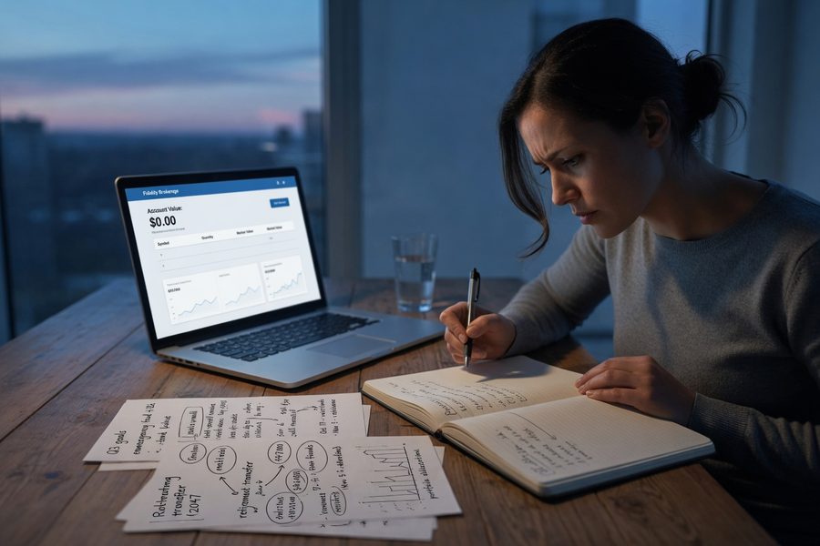 Handwritten financial goal timeline on a notepad beside a laptop showing investment account