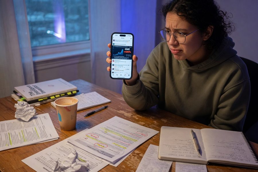 Investor staring anxiously at a red market chart on a phone screen at night