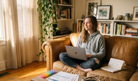 A freelancer reviewing health insurance plan options on a laptop at a home desk with documents and a coffee mug nearby