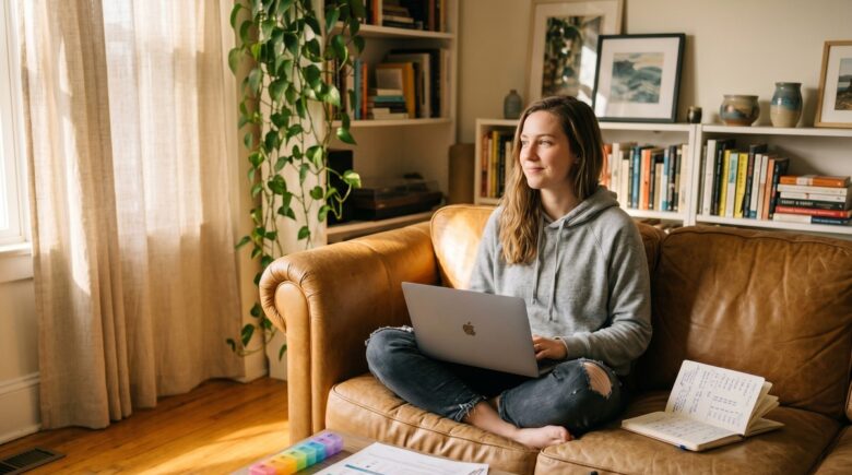 A freelancer reviewing health insurance plan options on a laptop at a home desk with documents and a coffee mug nearby