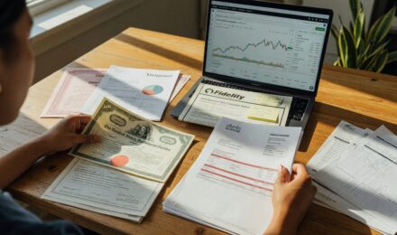 Freelancer at laptop reviewing investment portfolio and retirement savings options