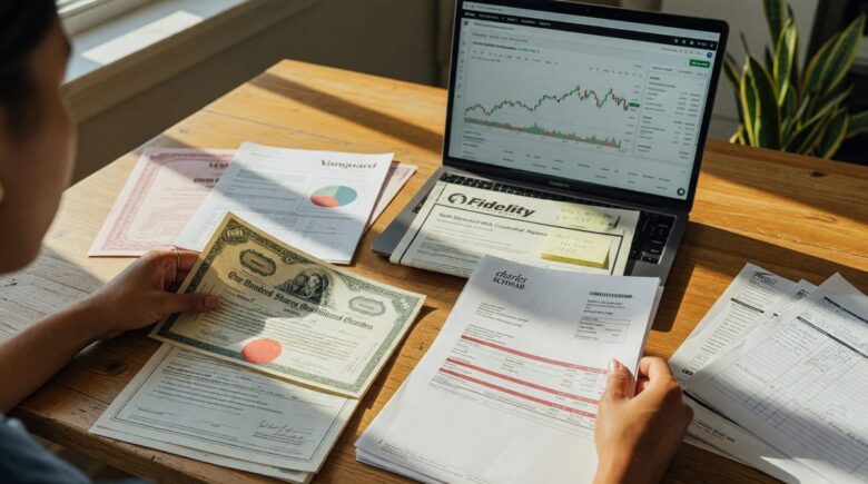Freelancer at laptop reviewing investment portfolio and retirement savings options