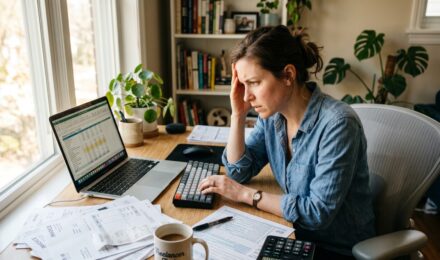 Freelancer reviewing IRS estimated tax forms and a quarterly payment calendar at a desk