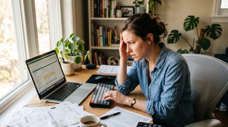 Freelancer reviewing IRS estimated tax forms and a quarterly payment calendar at a desk