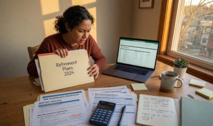 Freelancer working at desk with retirement planning documents and calculator