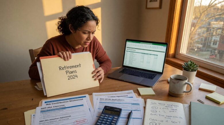 Freelancer working at desk with retirement planning documents and calculator