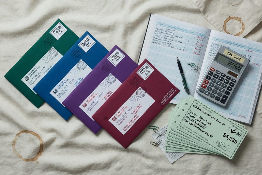 Freelancer reviewing quarterly tax forms and retirement account statements at a desk