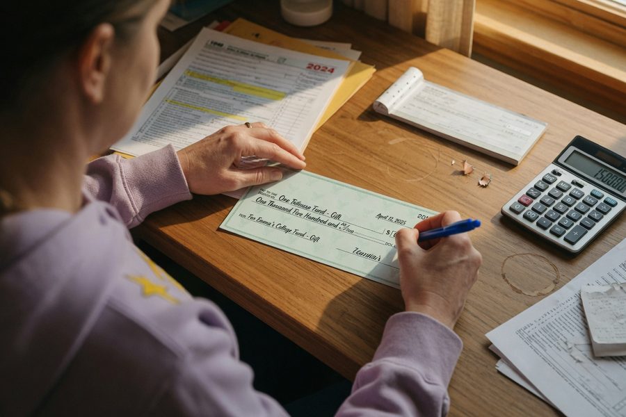 Family members exchanging a check representing an annual tax-free gift at a kitchen table