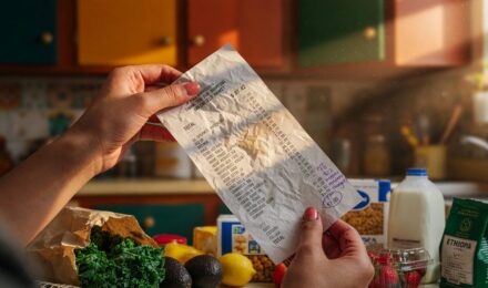 Person reviewing grocery receipts and categorizing purchases into piles on a kitchen table